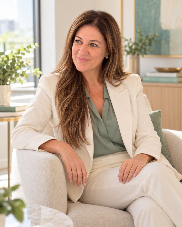 Vivi Brunelli sorrindo na poltrona
